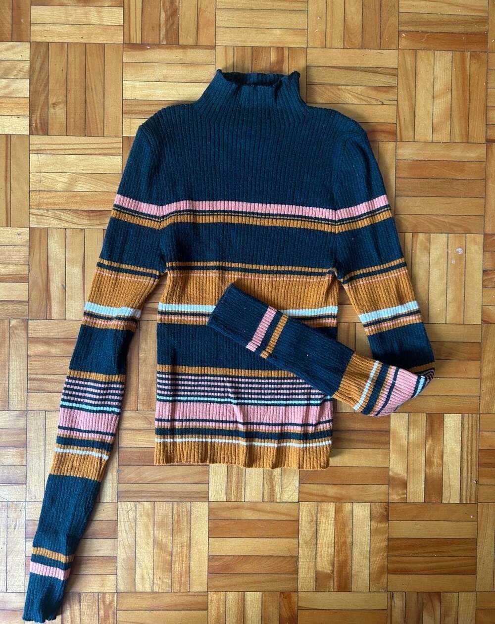 Forever 21 Ribbed Striped Mock Neck Long Sleeve Sweater